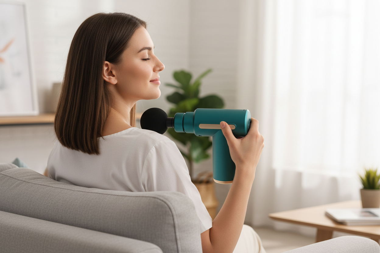 Woman using massage gun directly on her back